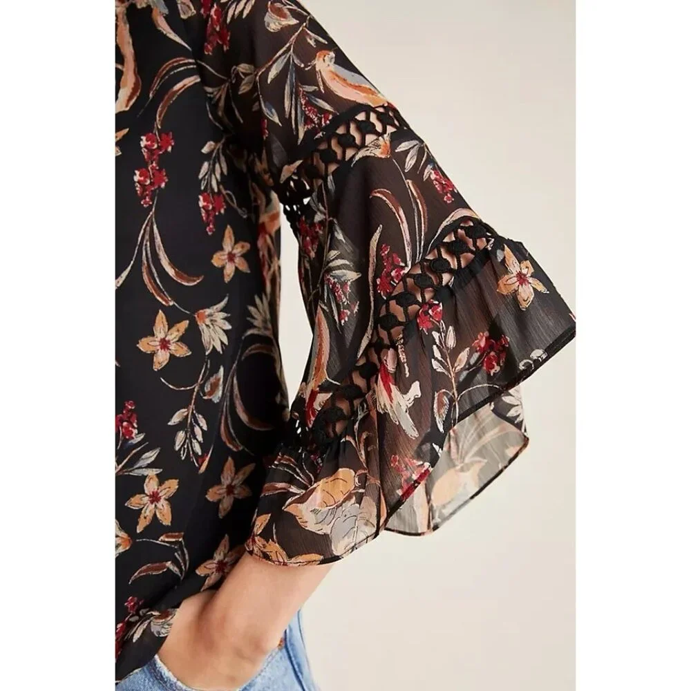 Anthropologie Maeve Odette Floral Peasant Blouse Size XS Bell Sleeves Lined - Picture 3 of 13